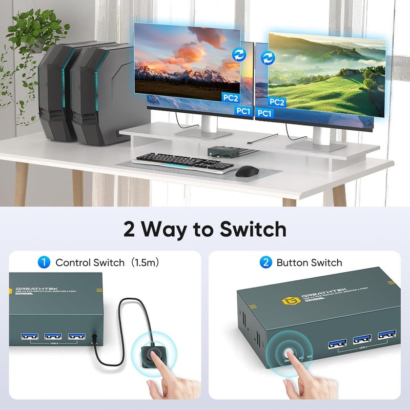 EVATEK HDMI KVM Switch 2 Monitors 2 Computers 4K@60Hz, USB3.0 KVM Switch Dual Monitor with 3 USB 3.0 Ports Sharing Keyboard and Mouse, Printer/Scanner, Desktop Controller - Image 5